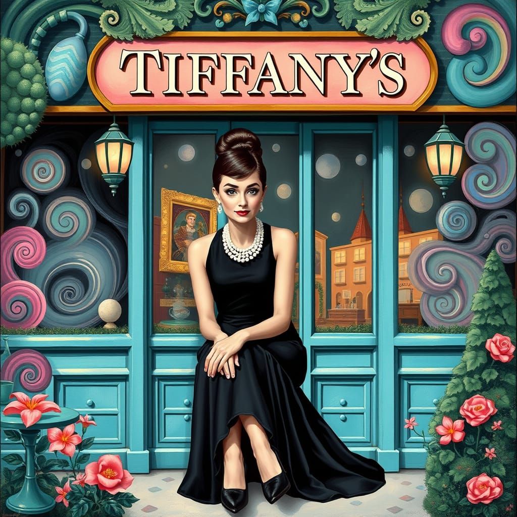 Elegant Audrey Hepburn in Whimsical Tiffany's Wonderland