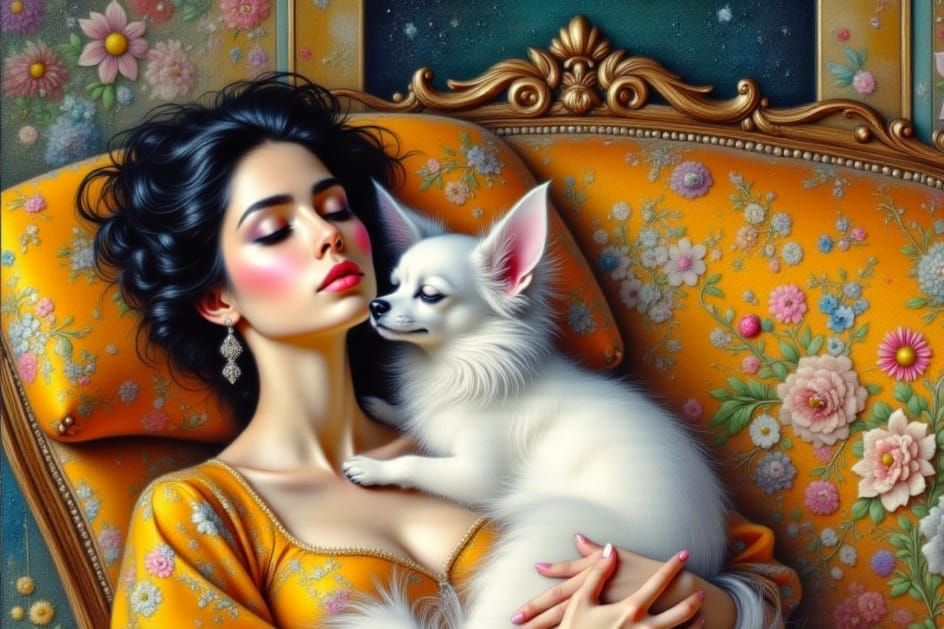 Gilded Woman and Her Furry Companion in Art Nouveau Style