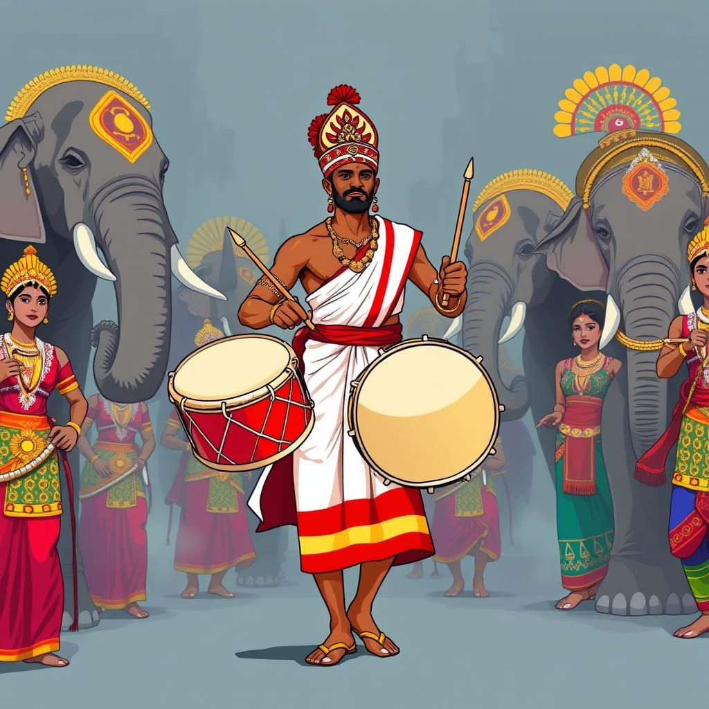 Sri Lankan Drummers and Dancers in Bold Illustration