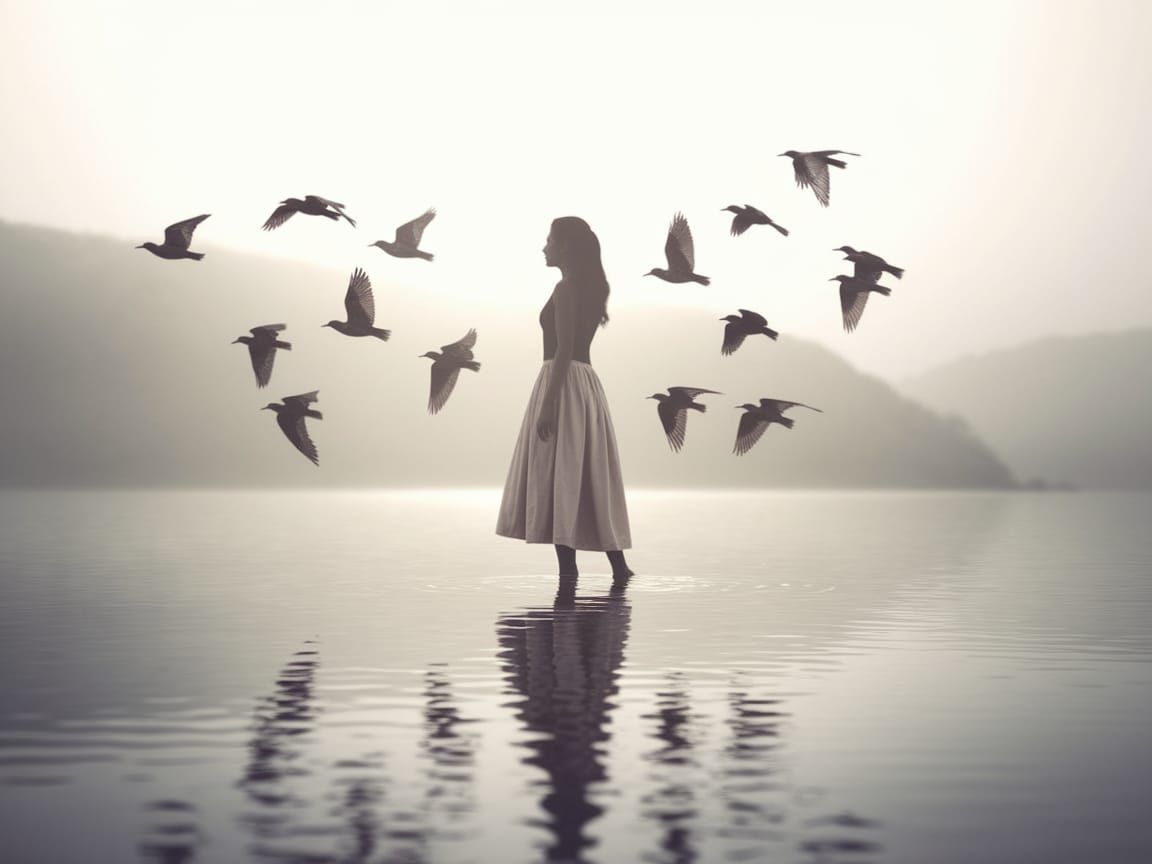 Serene Woman Surrounded by Birds in Dreamlike Landscape