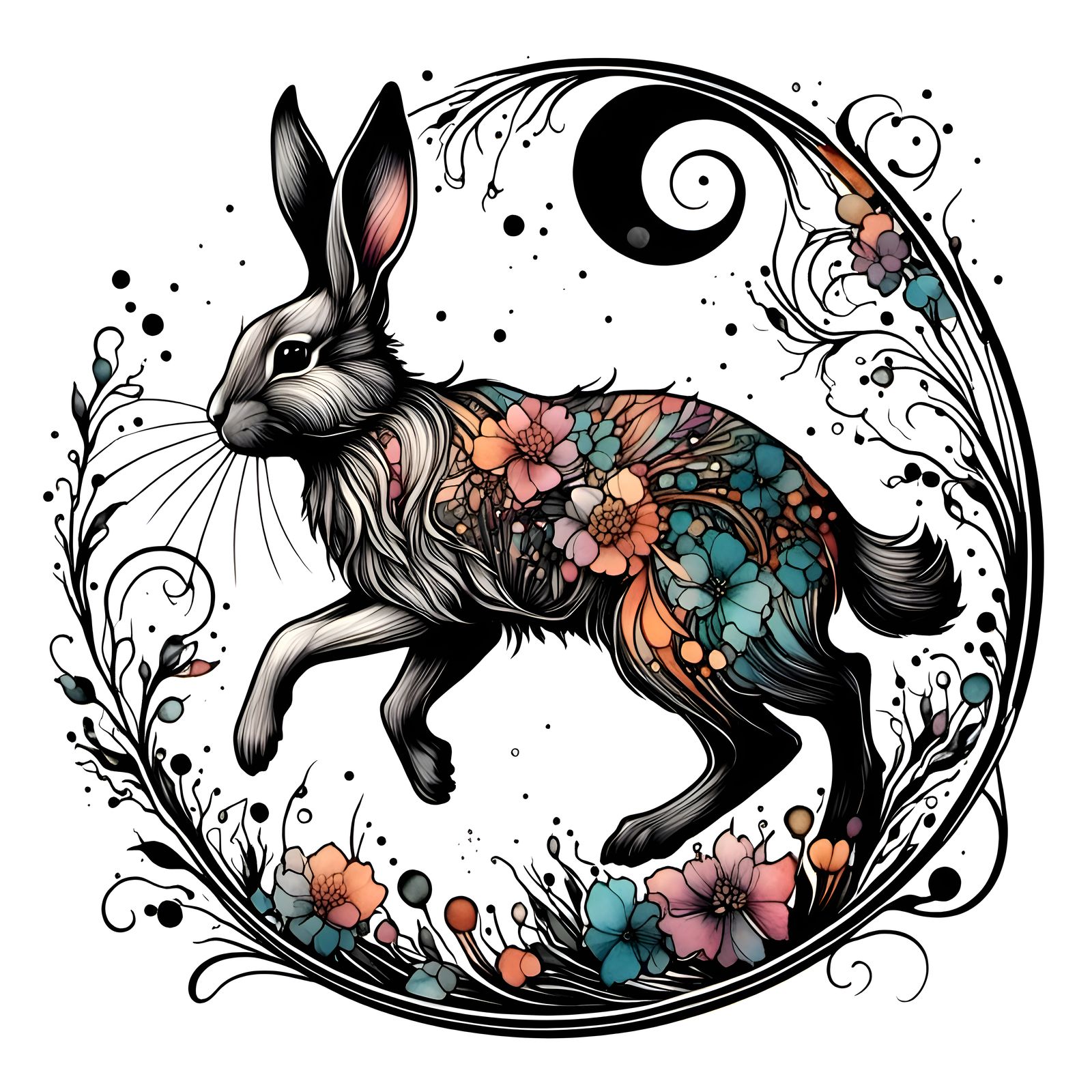 Colorful Rabbit Tattoo Design in Ink Line Art