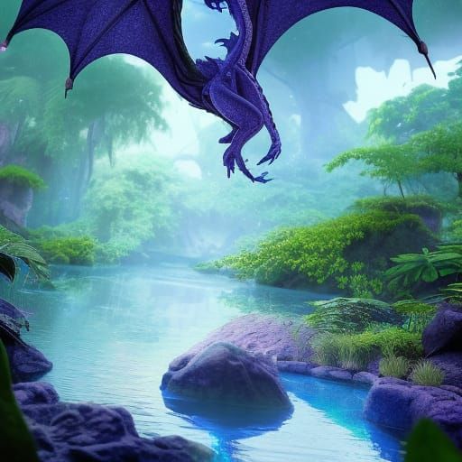Sapphire Dragon in Jungle Lagoon: Fantasy Concept Art