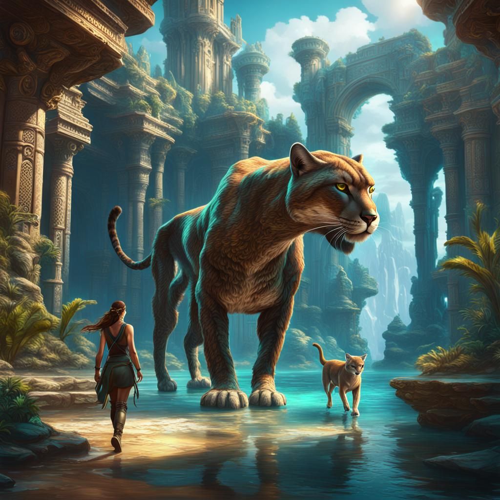 Girl and Puma in Atlantis: Fantasy Art