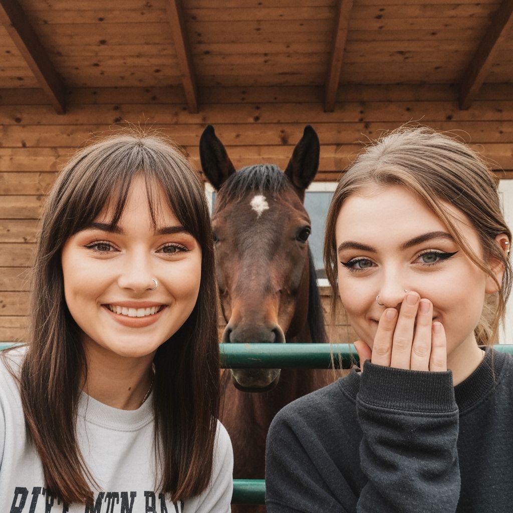 Smiling Women and Curious Horse in Illustrative Style