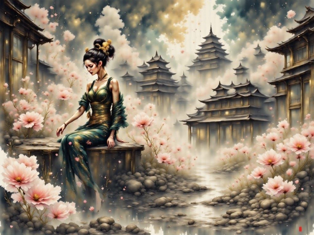 Ethereal Japanese Goddess in Gothic Surreal Oil Painting