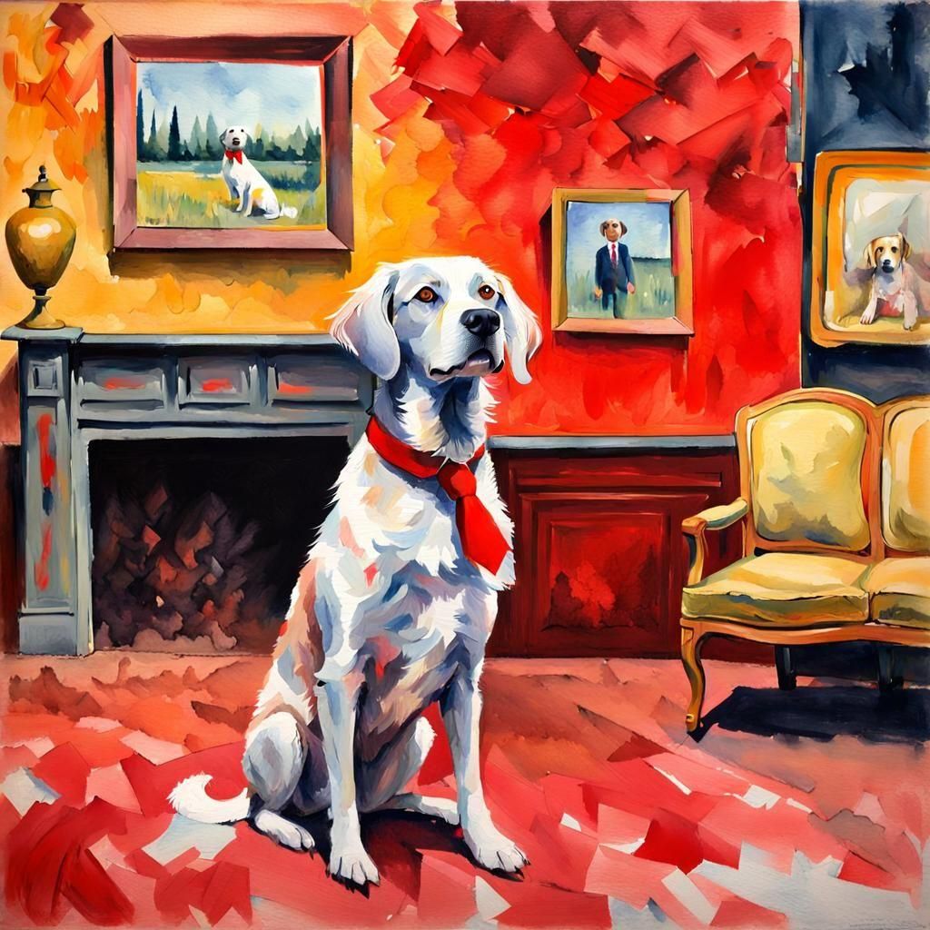 Dog in Red Tie: Gouache Watercolor Masterpiece