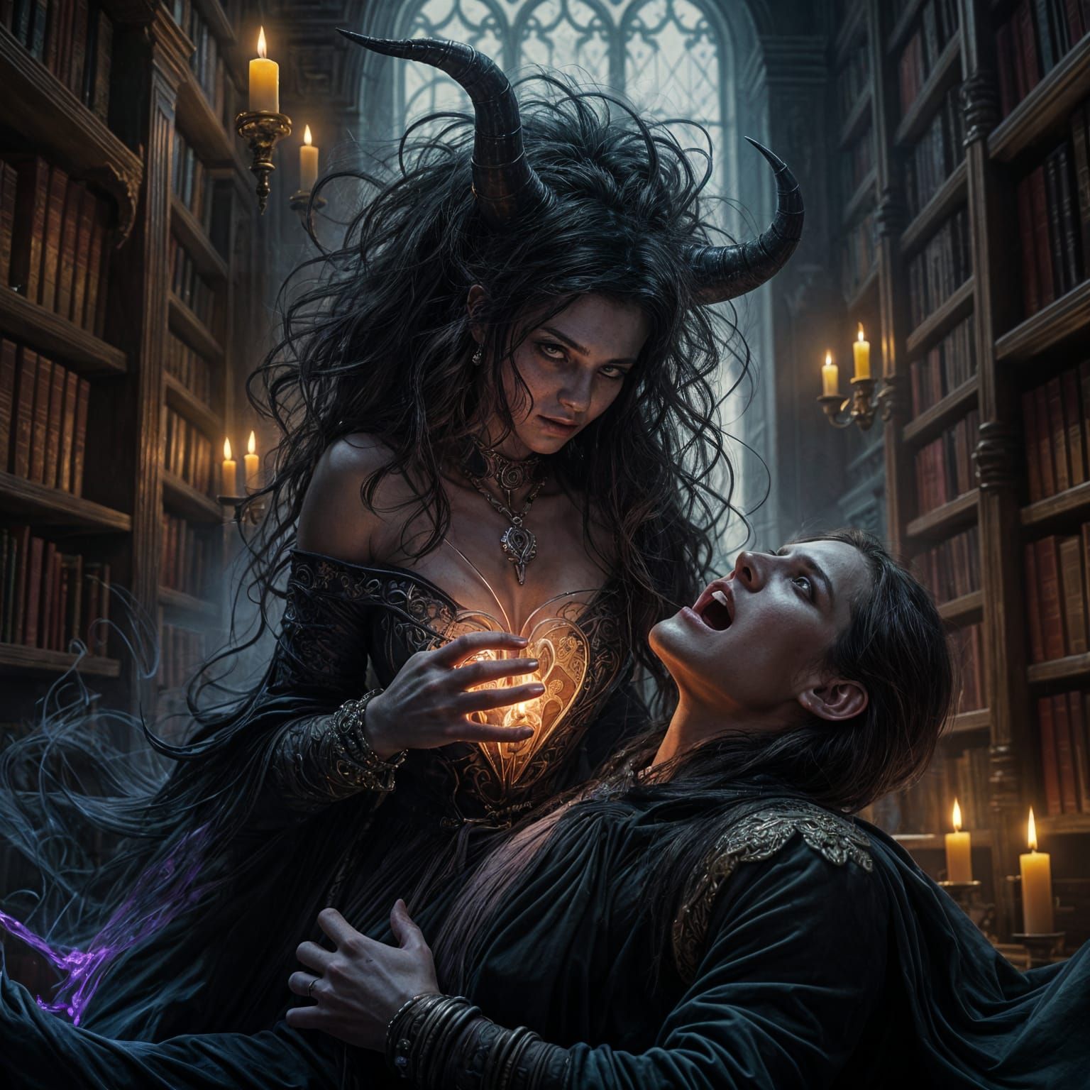 Dark Fantasy Demon Woman in a Haunting Library Scene