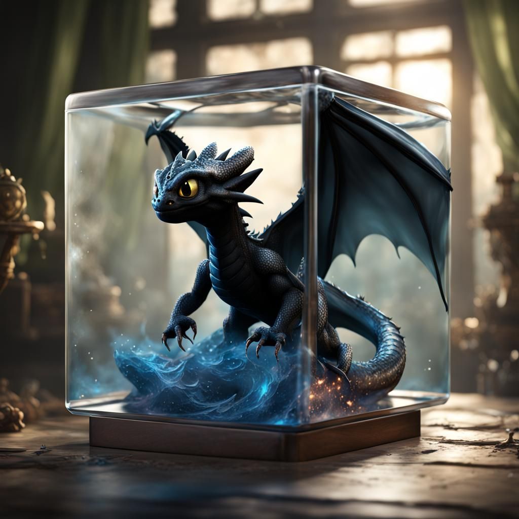 Toothless the Dragon in a Glass Cube: 3D Render