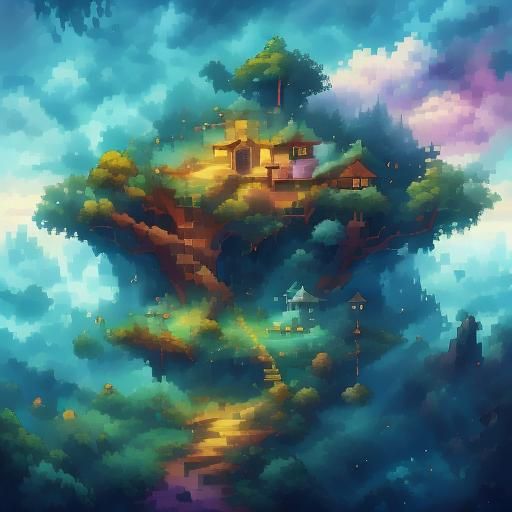 Detailed Pixel Art Landscape with Cosmic Effects