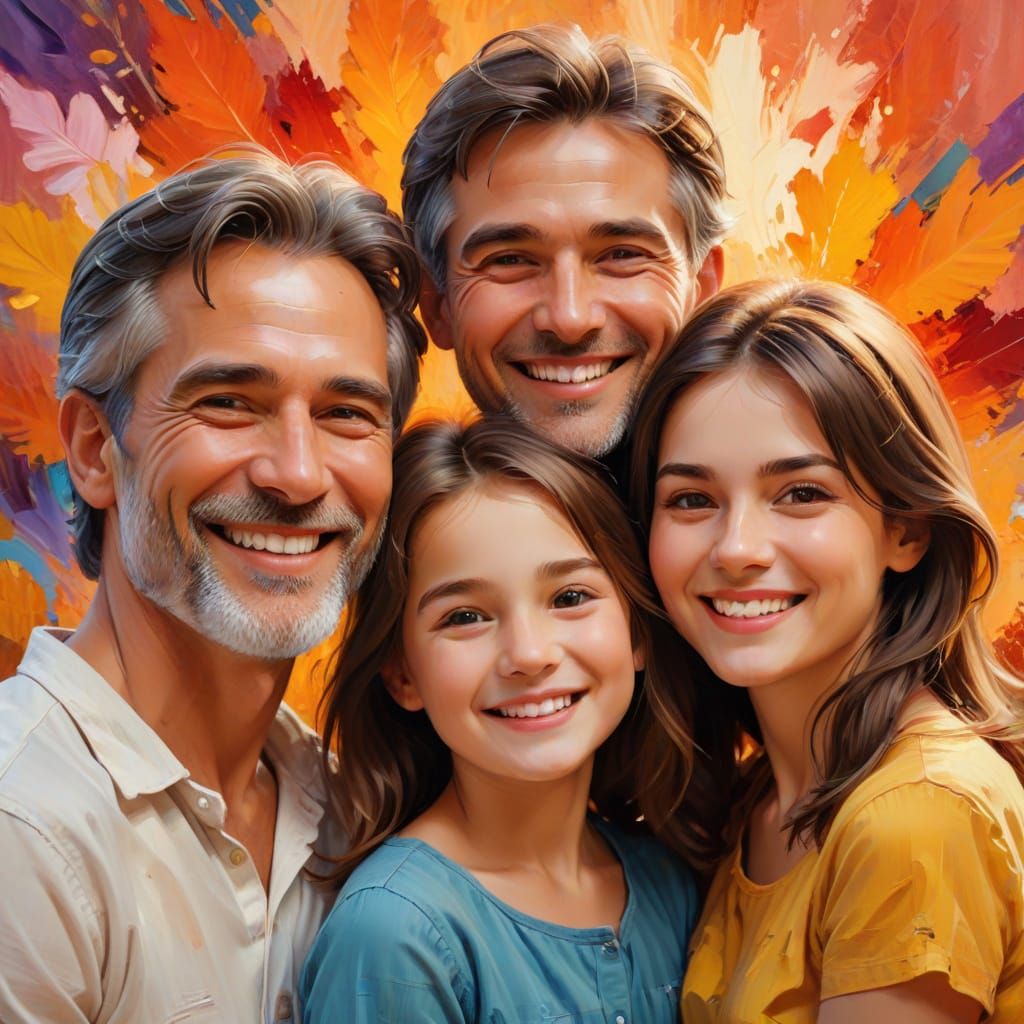 Joyful Family Portrait in Vibrant Oil Paint