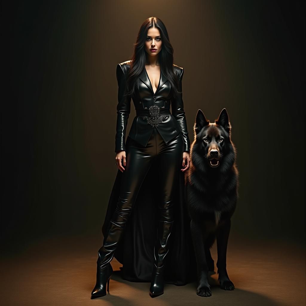 Woman in Black Leather with Dog, Hyperrealistic Style