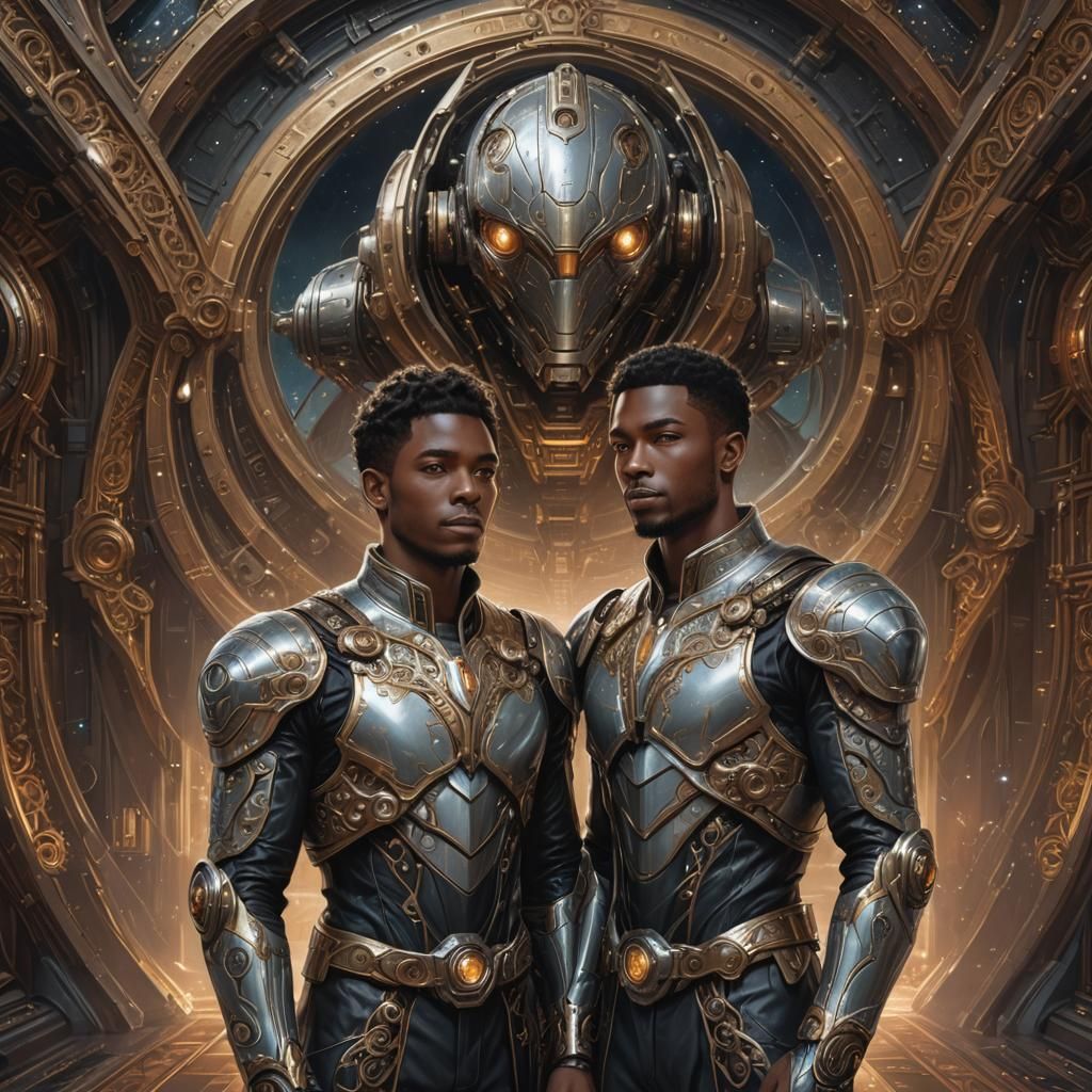 Ornate Spaceship With Gemini Twins in Jewelpunk Aesthetic