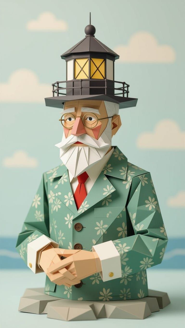 Papercraft Lighthouse Keeper in Origami Style