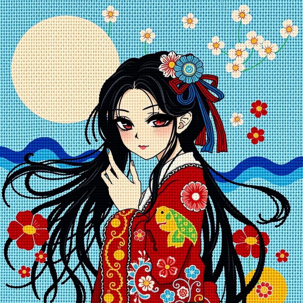 Anime Needlepoint Masterpiece with Delicate Threads and Vibr...