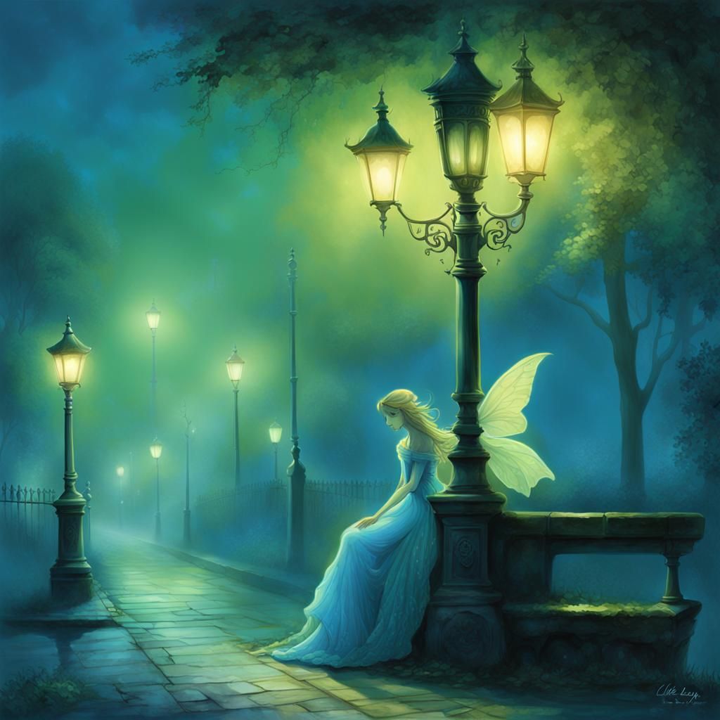 Fairies Dancing Around Lamppost in Misty Night