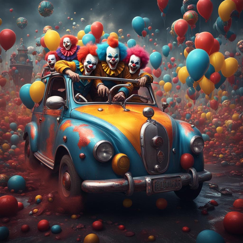 Clowns Escape Tiny Car: Detailed Matte Painting