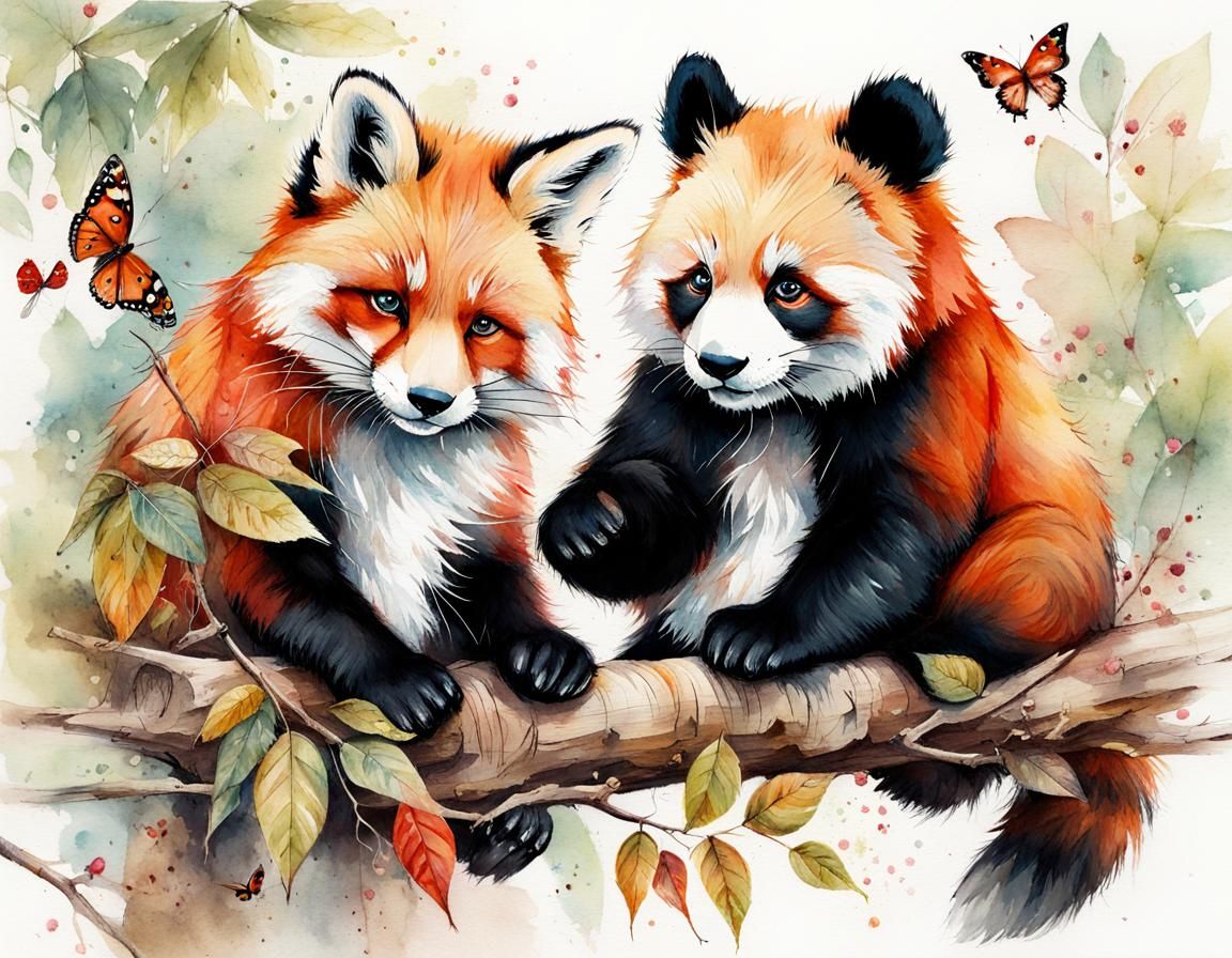 Fox and Panda High-Five: Vintage Watercolor Art