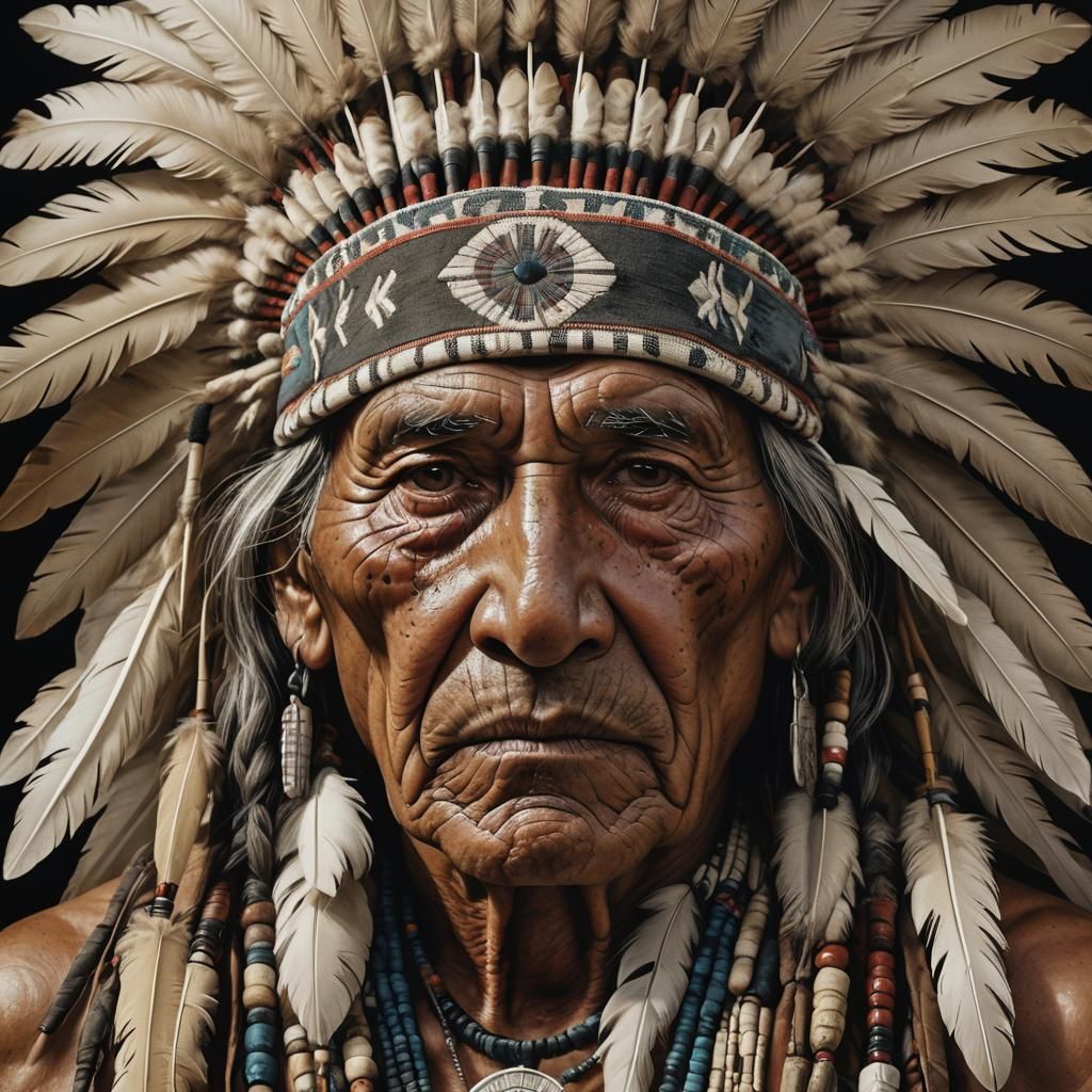Stoic Native American Elder in Hyperrealistic Portrait