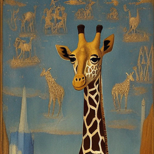 Giraffes Amidst Cosmic Splendor in Oil Paint