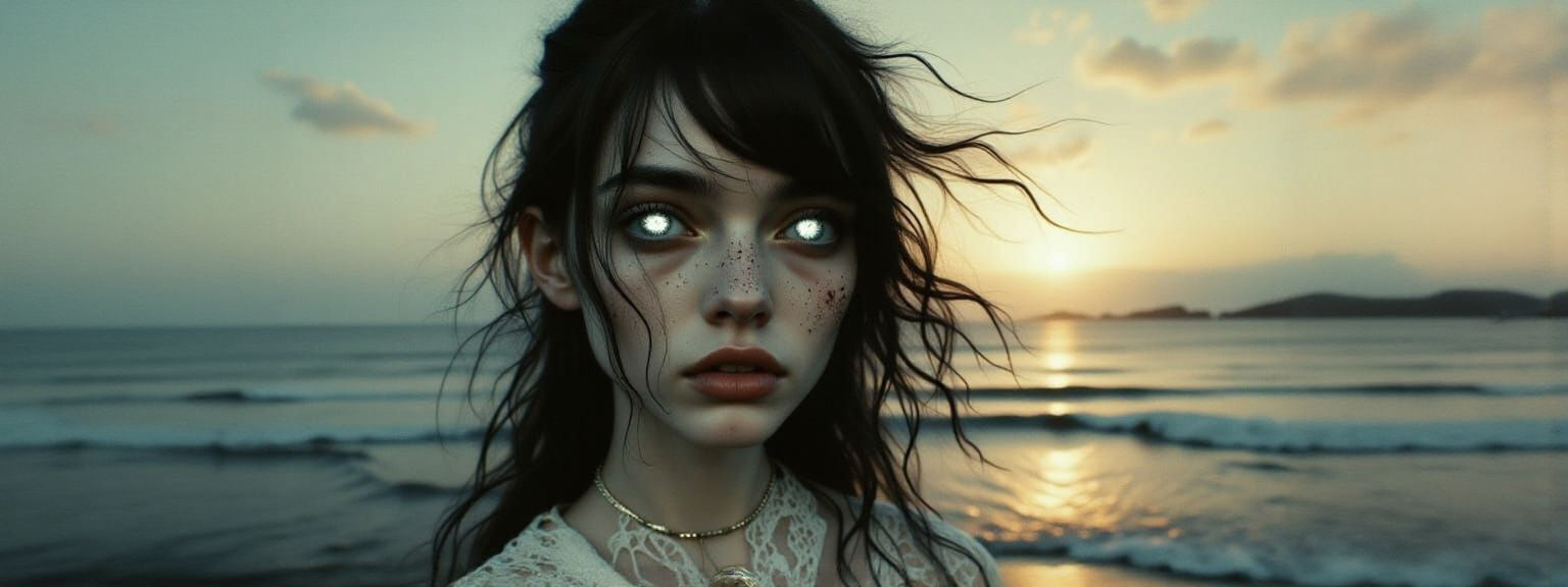 Cyberpunk Woman at Sea's Edge Impasto Painting