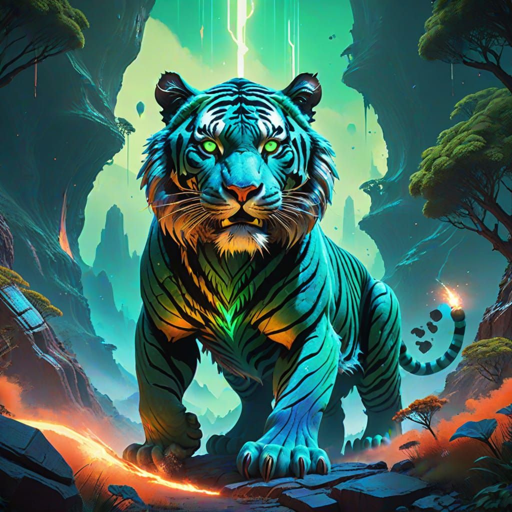 Majestic Alien Tiger in Vibrant Nebula Landscape