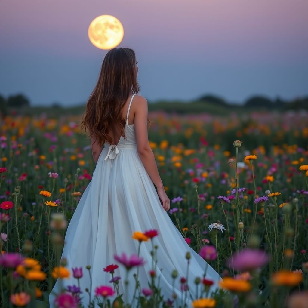 Ethereal Woman in Wildflower Field Under Moonlight