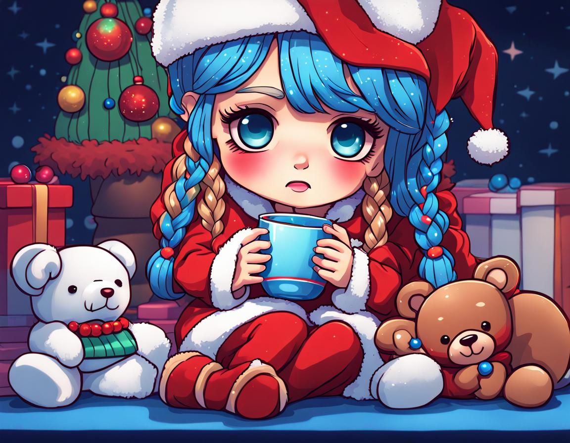 Chibi Girl in Santa Outfit with Teddy Bear