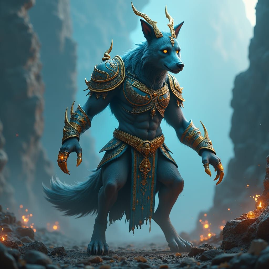 Heroic Canine Humanoid in Mystical Landscape