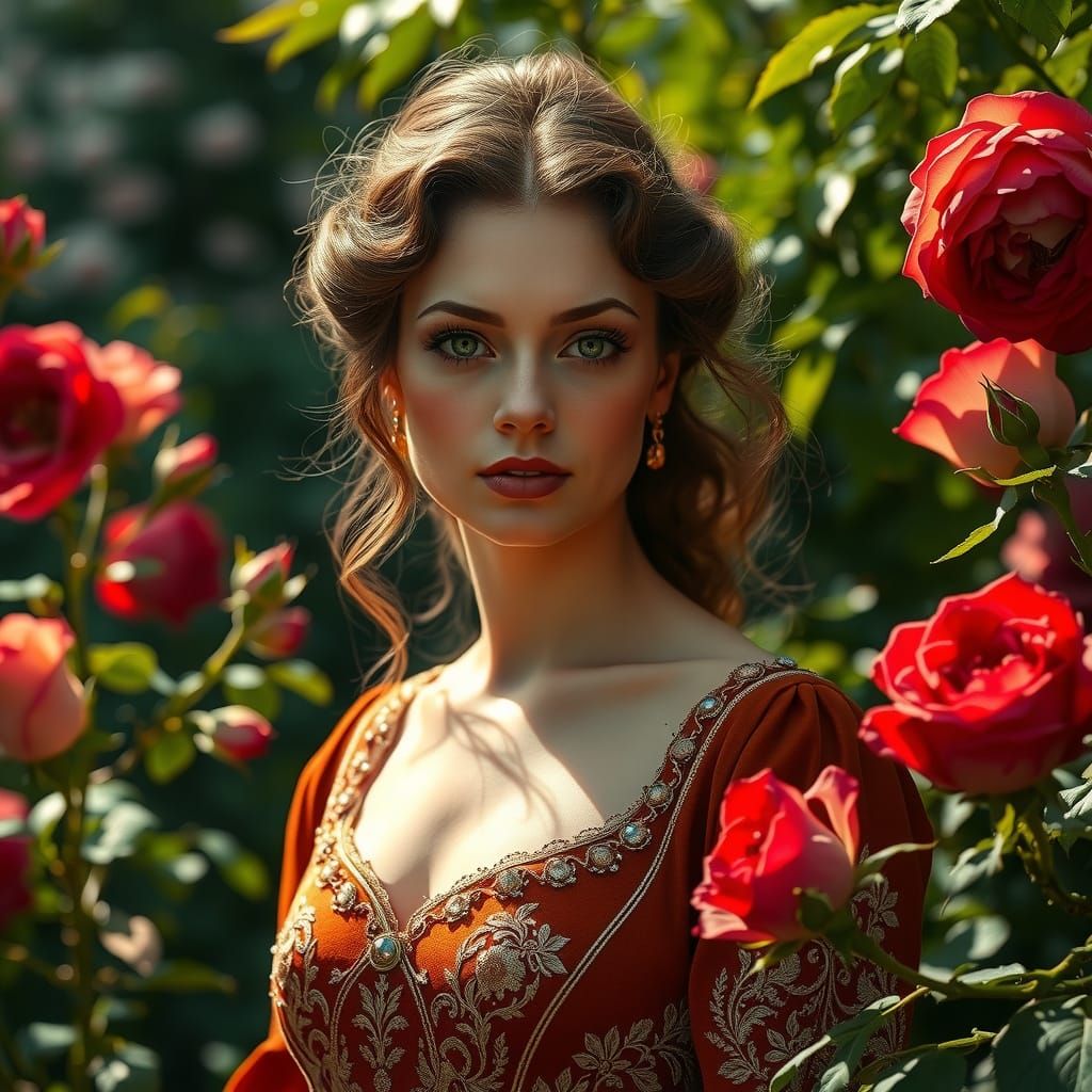 Sensuous Noblewoman in Sunlit Garden, in Pre-Raphaelite Styl...