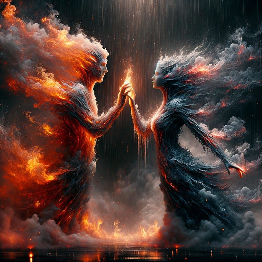 Ember Beings in Fiery Rain: A Fantasy Scene