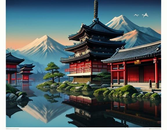 Ancient Japanese Fantasy Village in Vibrant Lithograph Tint ...