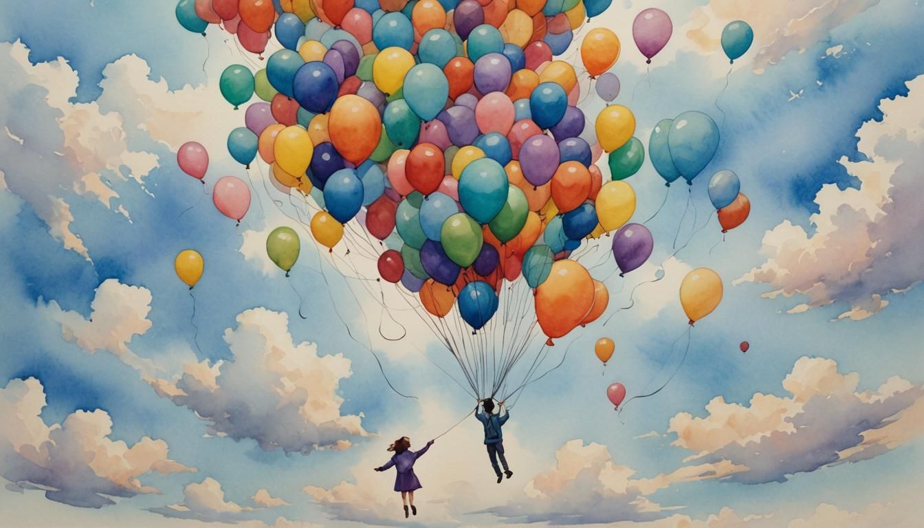 Person Supported by Balloons in Watercolor Sky