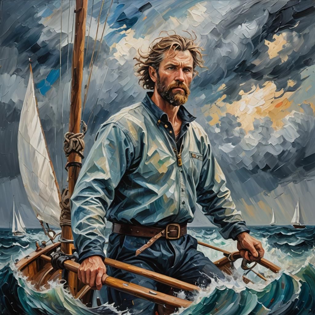 Viking Sailboat in Expressionist Neo-Impressionism Storm
