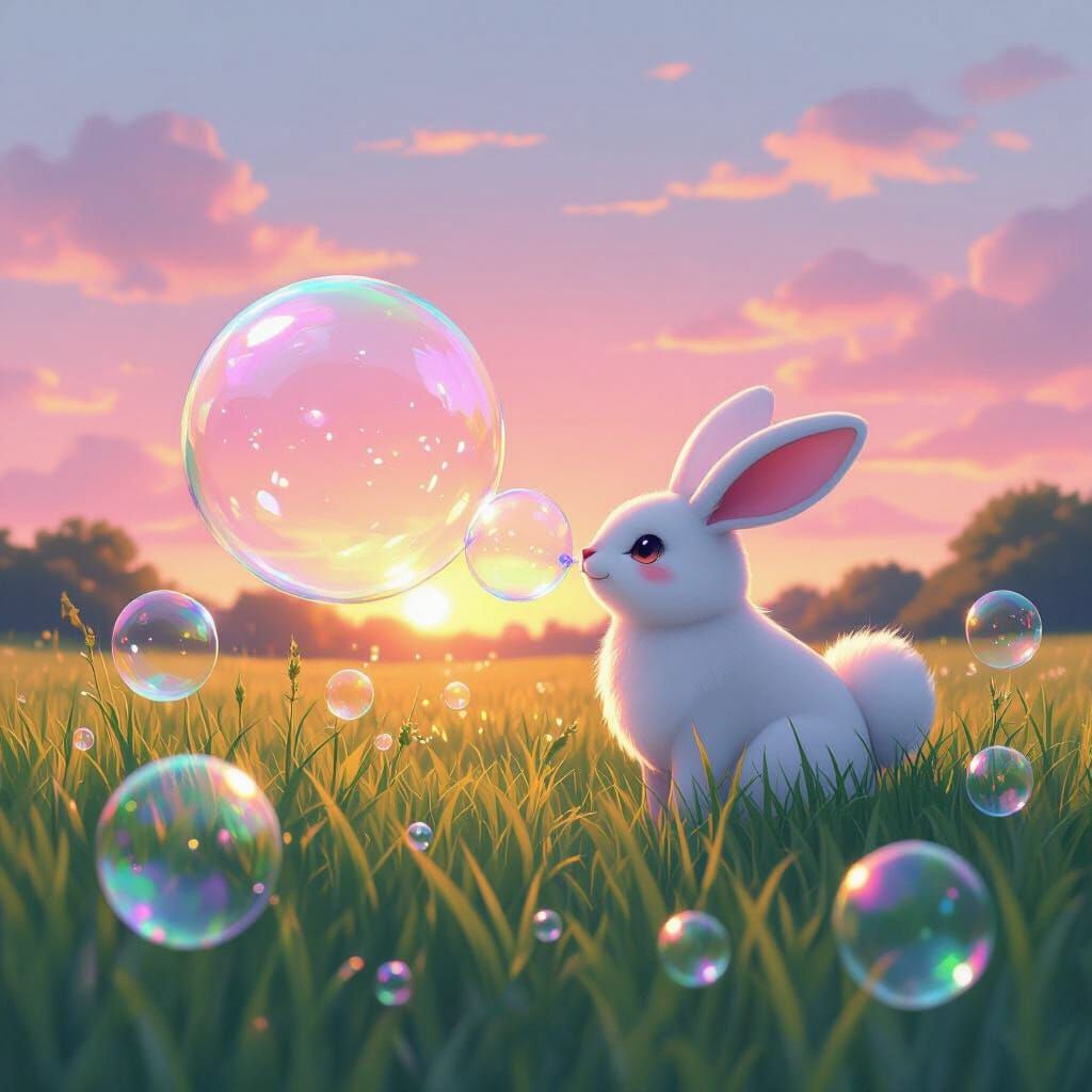 Fantastical Creature Blowing Rabbit Bubbles at Sunset