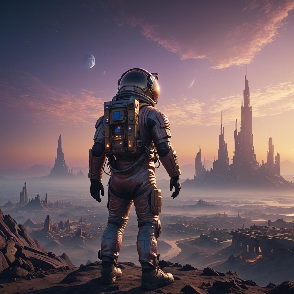 Astronaut on Ancient Alien Planet at Sunset