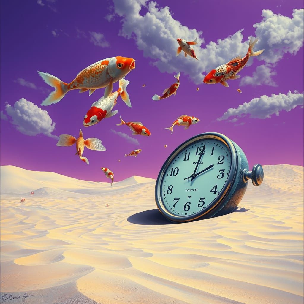 Surreal Koi Fish in Glass Desert, Dalí and Magritte Style