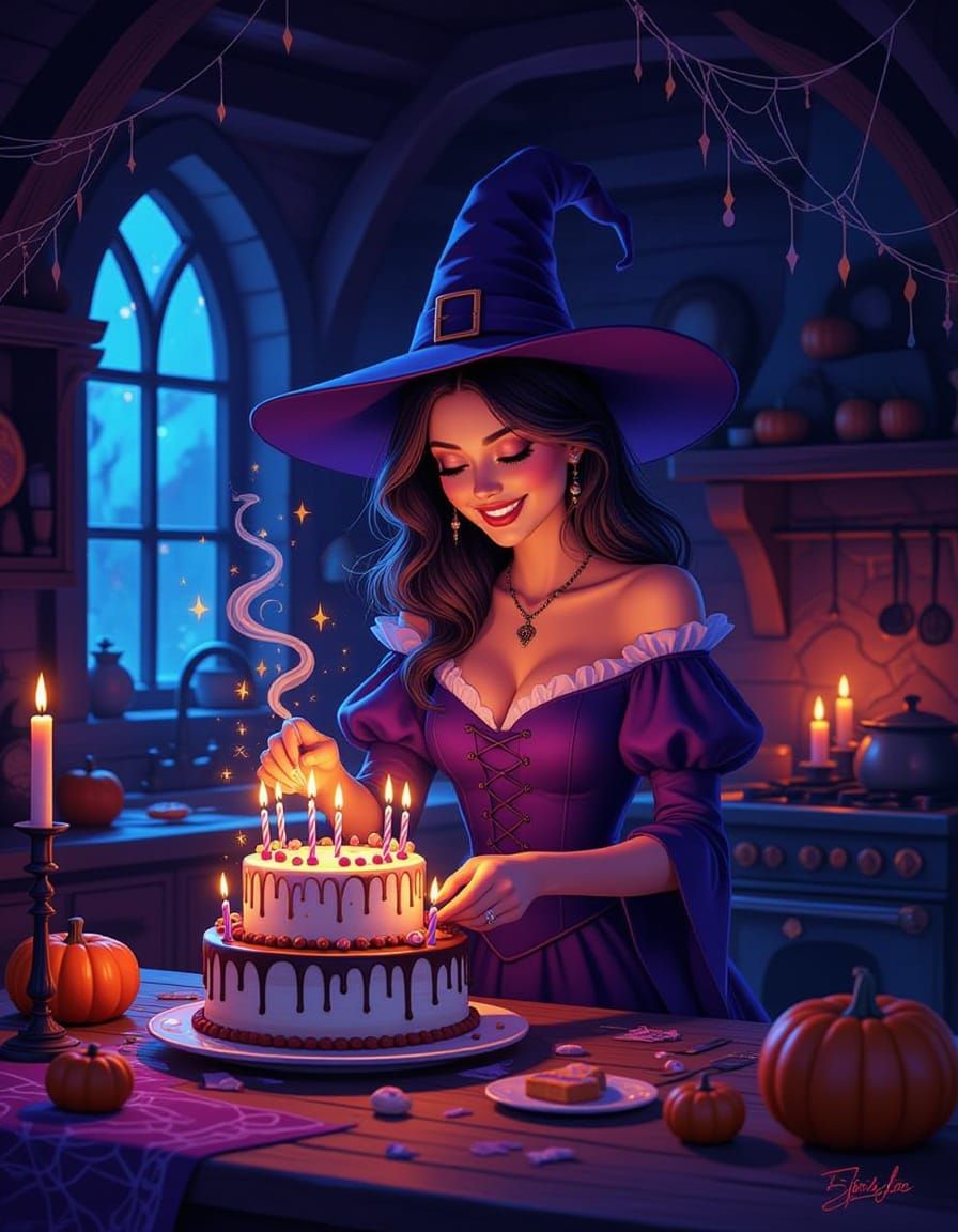 Smiling Witch Creates Magical Birthday Cake in Cozy Kitchen