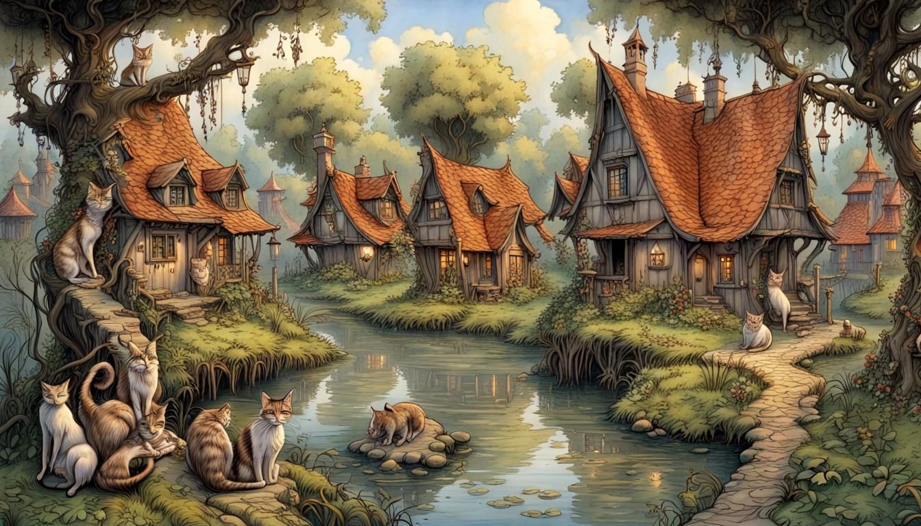 Medieval Witches and Cats in Swamp Village
