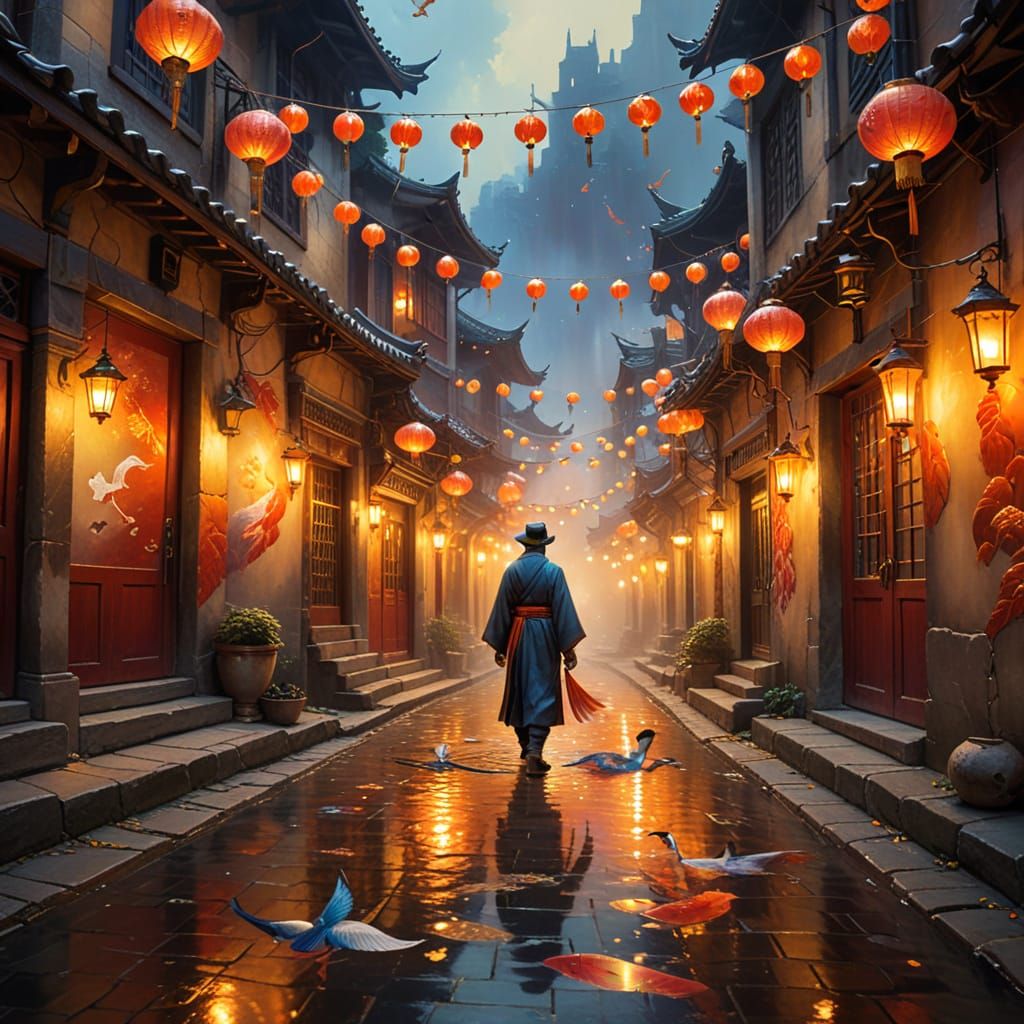 Mysterious Figure in Lantern-Lit Fantasy Street