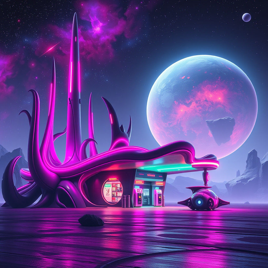 Alien Gas Station in a Neon Nebula