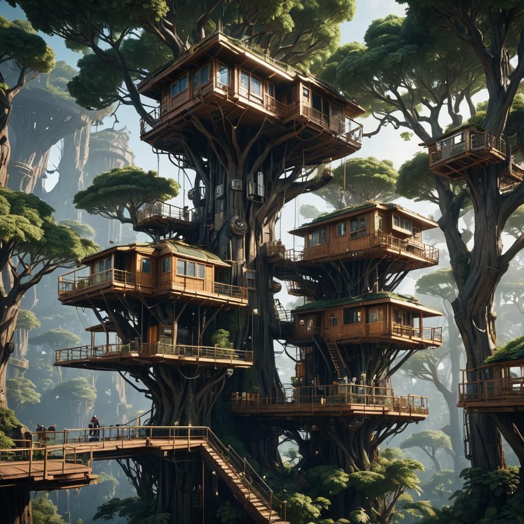 Futuristic Treehouses with Intricate Mech Details