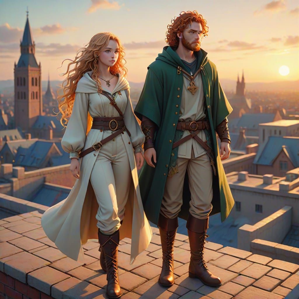 Medieval Fantasy Anime Duo Stands on Rooftop at Dusk