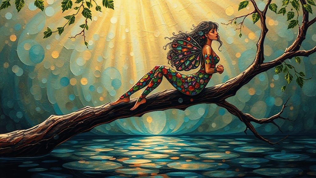 Glass Fairy on Branch in Impasto Style