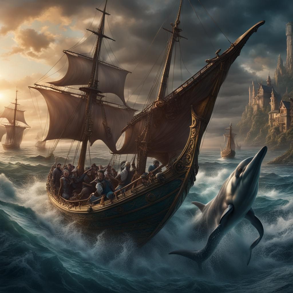 Dolphins Leaping in a Fantastical Detailed Painting