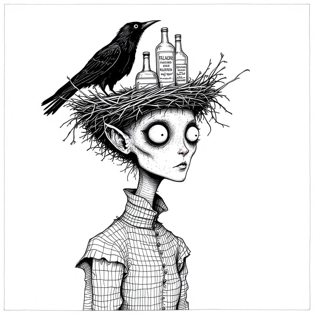 Eerie Monochromatic Illustration with Crow and Bottles