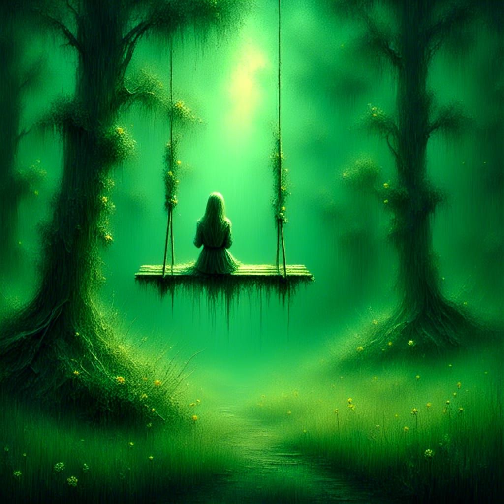 A Woman sitting on a wooden swing in the forest. Moody, surr...
