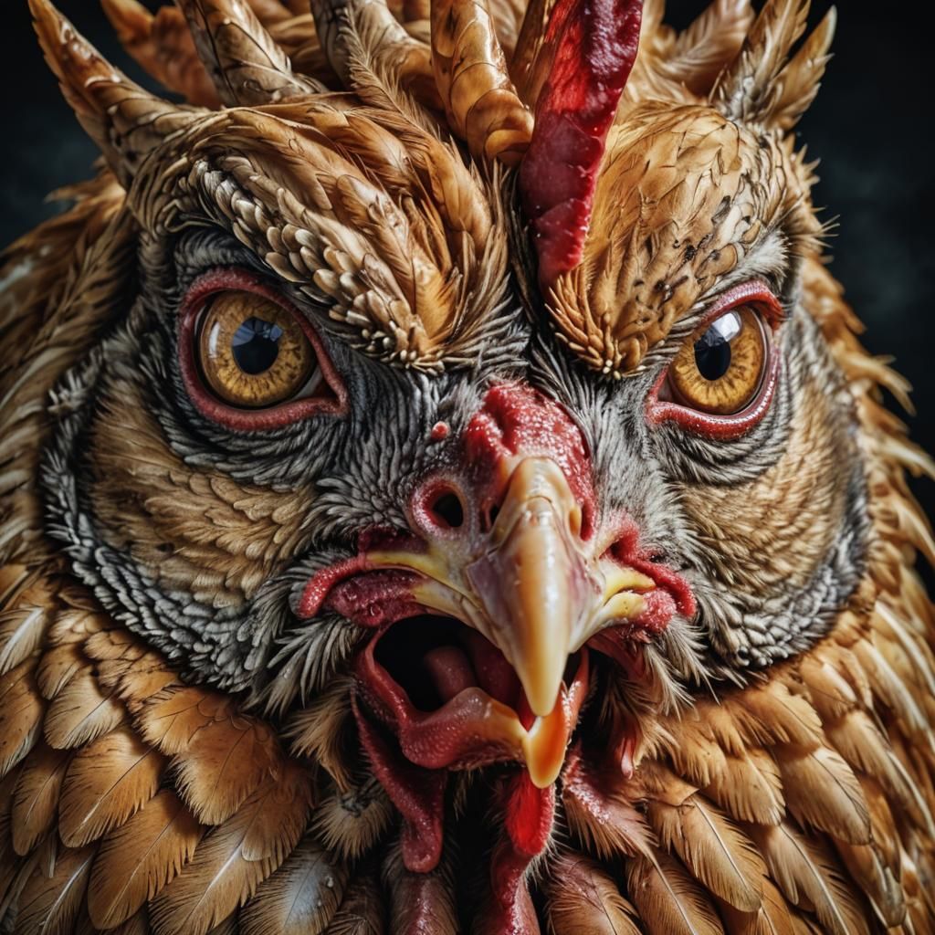 Surreal Chicken Face Expressing Shock in High Detail