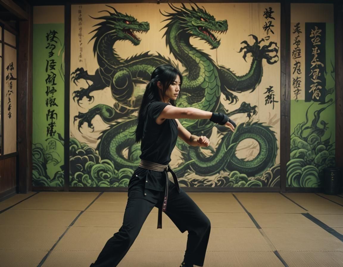 Japanese Martial Artist in Dragon Dojo: Cinematic Still
