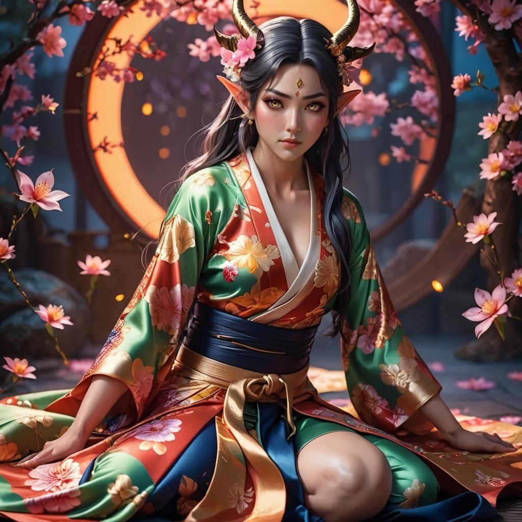 beautiful woman elf horned muscular kneeling in anger wearin...