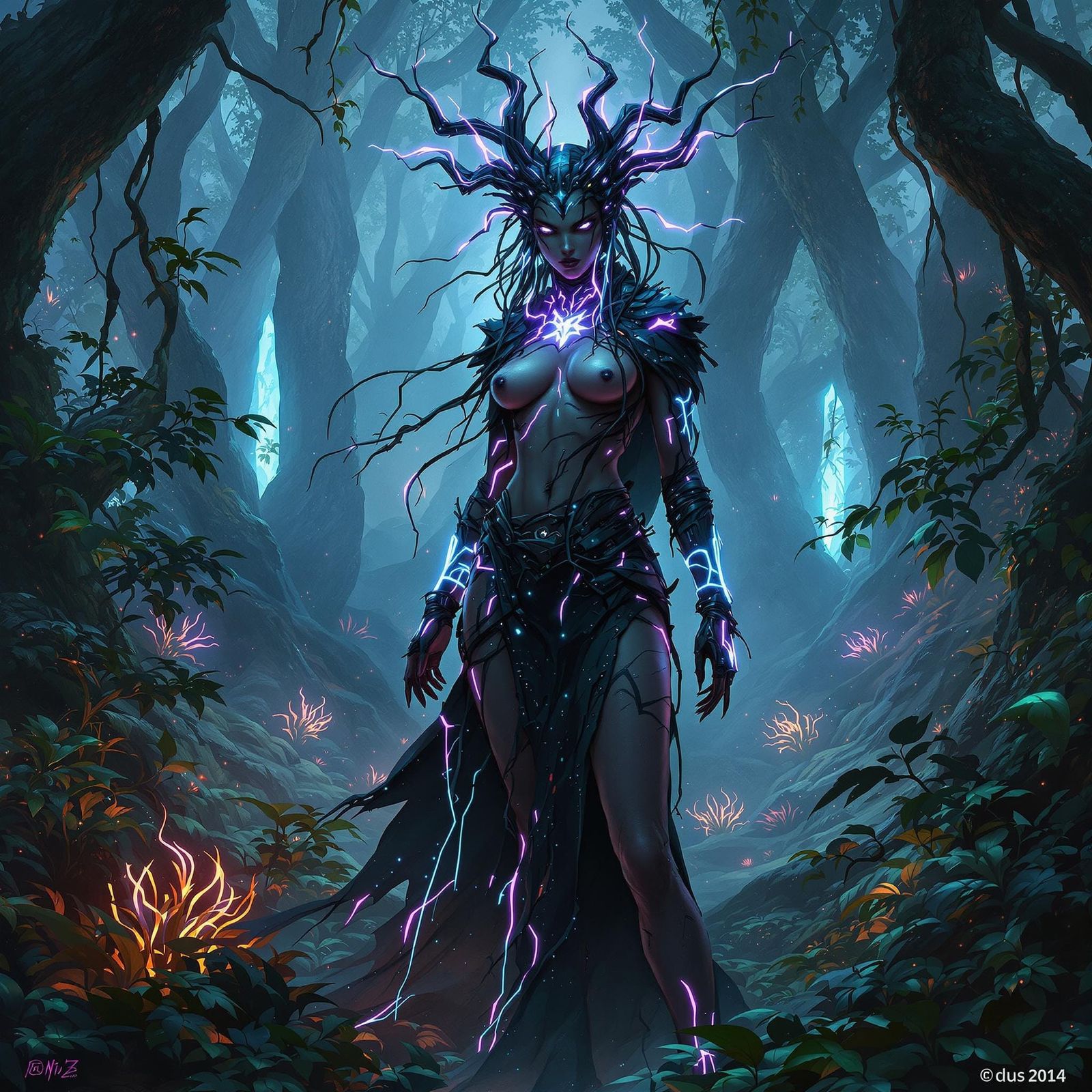 Cyberpunk Druidess in Bioluminescent Forest
